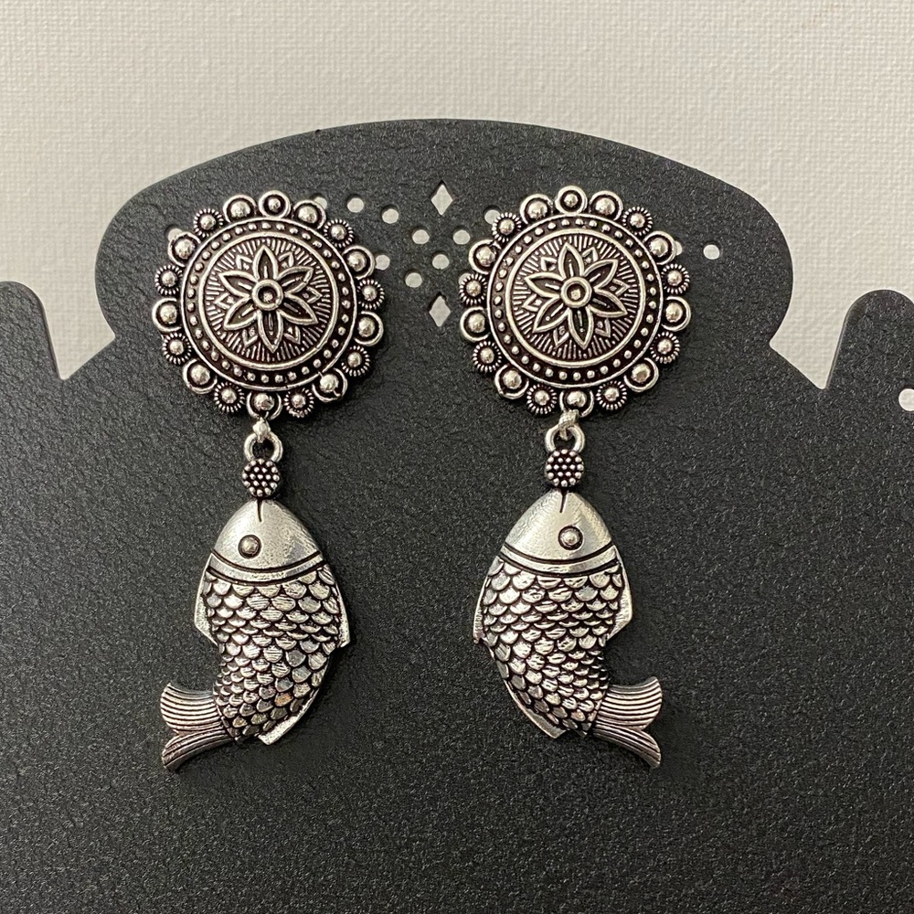 Pisces Fish Oxidized Silver Jhumka Earrings - Picture 2 of 5